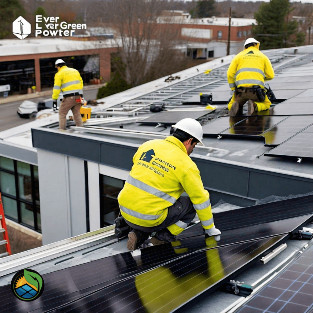 Ever Green Power technicians installing solar panels on a commercial building.