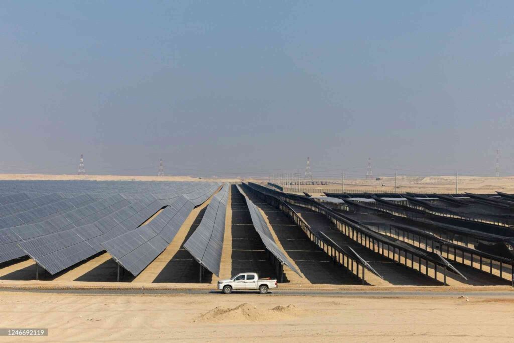 A view of numerous Jinko solar panels.