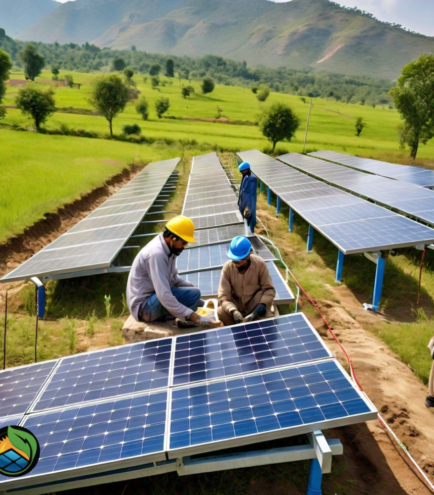 Technicians installing solar panels on a ground-mounted structure in a sunny field in Pakistan